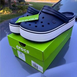 CROCS Navy and White Platform Clogs